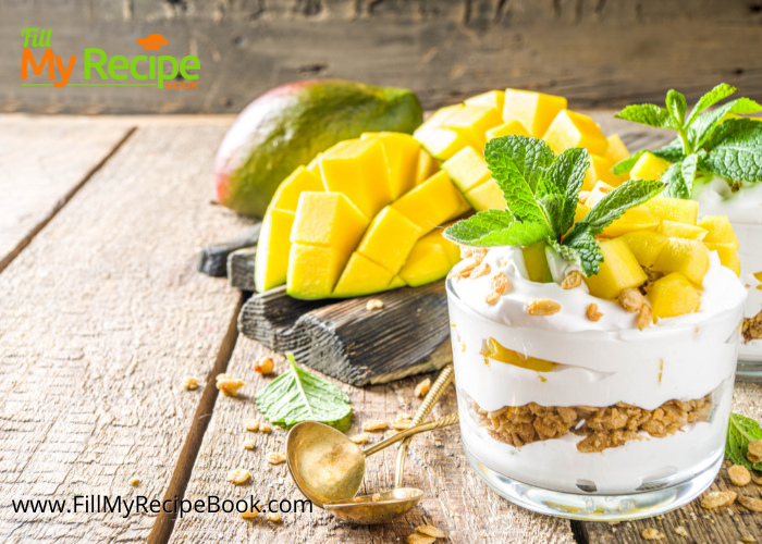 Tasty Mango Parfait Recipe to be made for a breakfast or a special dessert. Greek Yogurt creamed layered with Muesli mix and cut ripe mangoes.