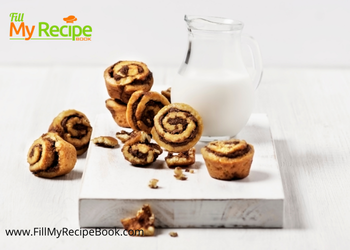 An amazing tasty Easy Mini Cinnamon Rolls Recipe to bake for treats or snacks on a platter. Two fillings to choose from decide to frost or not.