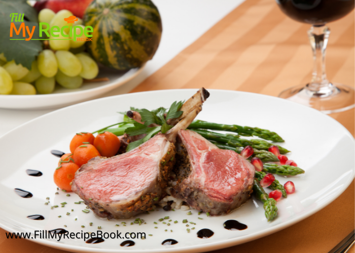 Herb Crusted Rack of Lamb. A meal to serve with green herbs crusting the lamb and plating for a gourmet meal with asparagus and tomato.