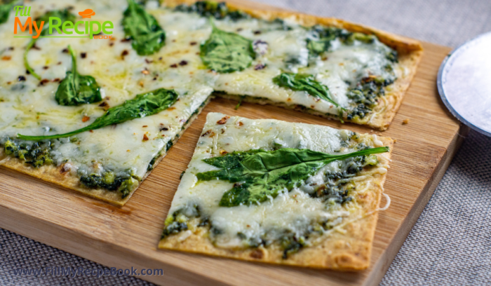 Quick and Easy Pesto Flatbread snack recipe. Healthy and tasty oven baked bread idea for appetizer or meal for a vegetarian or other.