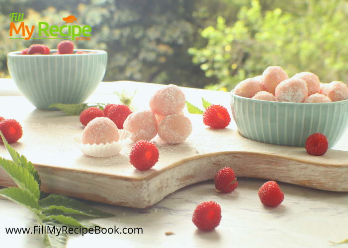 Raspberry White Chocolate Truffle balls recipe rolled in castor sugar. An easy no bake pink Candy dessert to serve for snacks or gifts.
