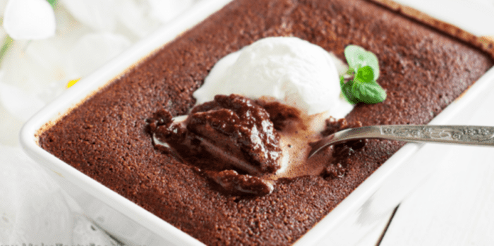 Self Saucing Chocolate Pudding recipe. Easy old fashioned classic oven baked dessert with healthy dark cocoa mixed in same dish then baked.