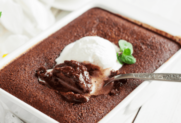 Self Saucing Chocolate Pudding. Old fashioned classic dessert that is simple to mix, with all the ingredients together in one bowl, and bake.