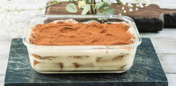 Tasty No Bake Tiramisu Tart. An Italian cousin but similar to South African fridge tart, that is layered with biscuit and a creamy filling.