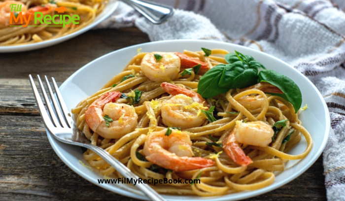 A Sautéed Shrimp Scampi with Basil and Garlic. Seafood shrimp sauté in butter with wine and garlic and basil. Adding cooked linguine.