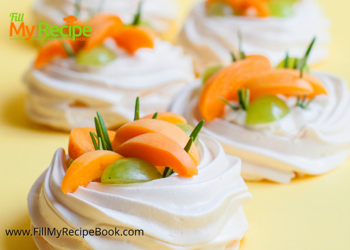 Mini Peaches and Cream Pavlova Recipe. A fine dining desserts or special platter or finger snack decorated with yellow cling peaches.