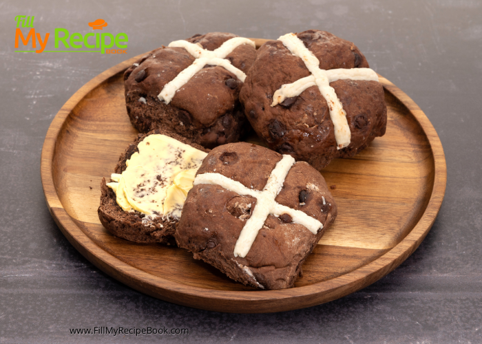 Double Chocolate Hot Cross Bun recipe idea. Easter buns to serve for Good Friday for tea, the next day, easy breakfast toasted with butter.