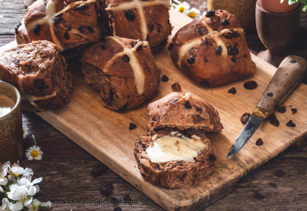 Double Chocolate Hot Cross Bun to bake for easter that include Chocolate chips. What more can you ask for, the family will love them.