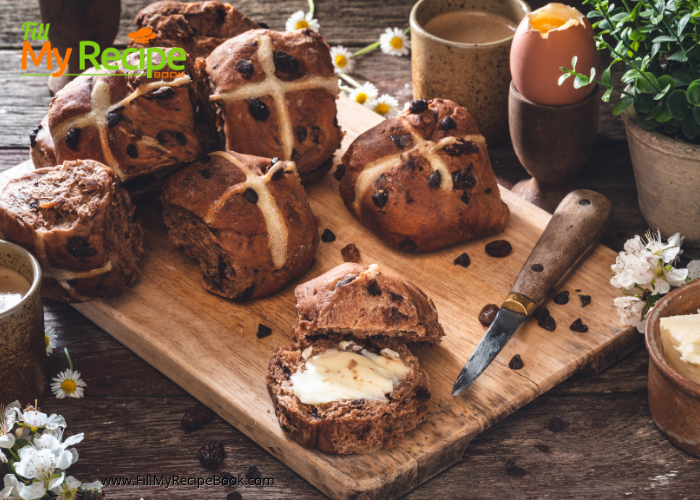 Double Chocolate Hot Cross Bun recipe idea. Easter buns to serve for Good Friday for tea, the next day, easy breakfast toasted with butter.