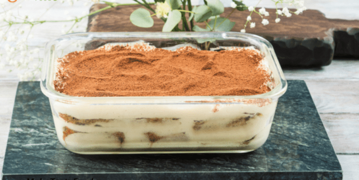 Tasty No Bake Tiramisu Tart. An Italian cousin but similar to South African fridge tart, that is layered with biscuit and a creamy filling.