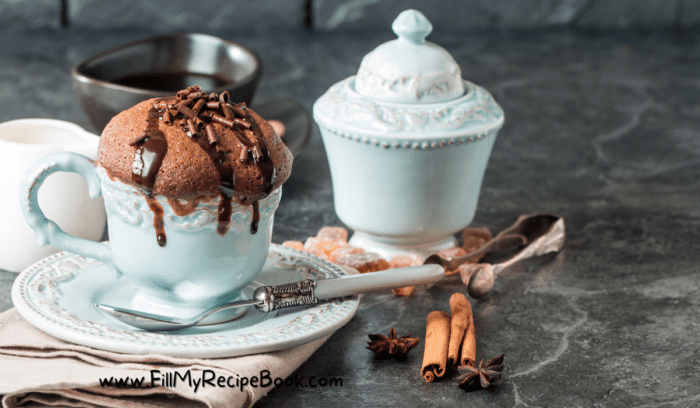 A 2 Minute Chocolate Mug Cake that has got some chocolate spread in, and chocolate chips on top. a great mothers day tea time idea