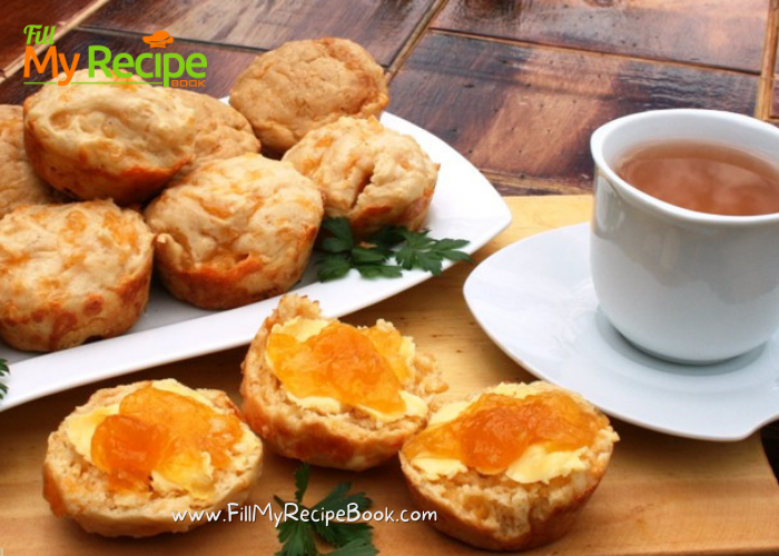 Tasty homemade Cheese Scones sugar free recipe uses olive oil or butter and is easily baked in a muffin pan with cheese topping and filling.