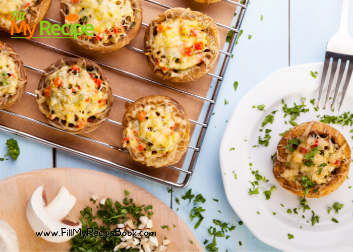 Mini Easy Stuffed Portabella mushrooms for an appetizer or mini pizza
