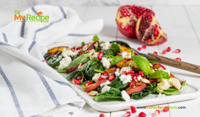 A Fresh Pomegranate Feta Salad recipe with grilled peaches and spinach leaves. Tasty summer or spring lunch, include almonds and a dressing.