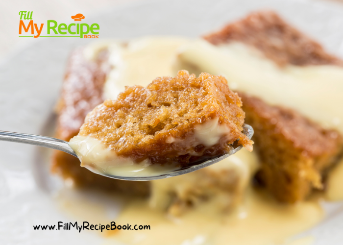 Easy Malva Pudding and Custard with a sauce recipe. Best South African family dessert idea, oven baked with a sauce, or serve with custard.