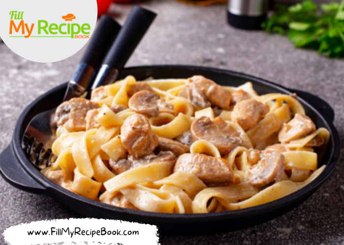 One Pot Pasta with Chicken & Mushrooms recipe. Chicken pieces sautéed with onion, garlic and mushrooms, tagliatelle pasta and coconut milk. A versatile recipe for vegetarian eater as well as meat eaters. 