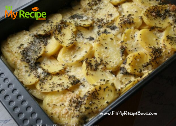 Potato and Garlic Baked Casserole recipe. An easy 3 ingredient warm side dish idea for a braai or dinner, lunch party an oven baked recipe.