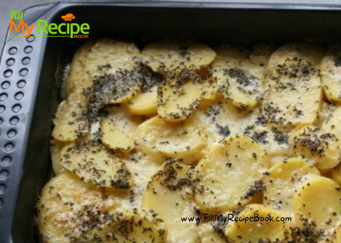 Potato and Garlic Baked with cream and italian herbs on top. the richest best dish to serve for a braai for mothers day meal.