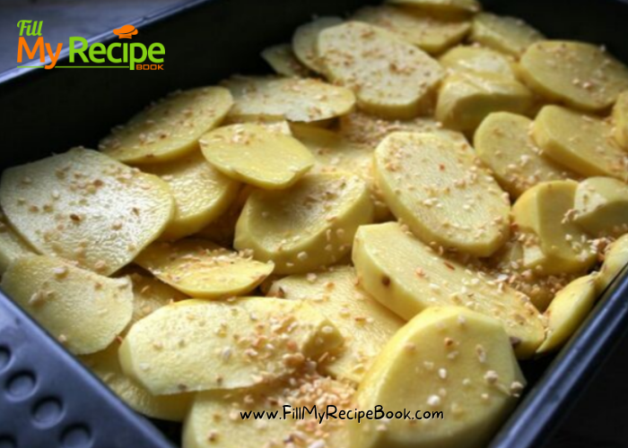 Potato and Garlic Baked Casserole recipe. An easy 3 ingredient warm side dish idea for a braai or dinner, lunch party an oven baked recipe.
