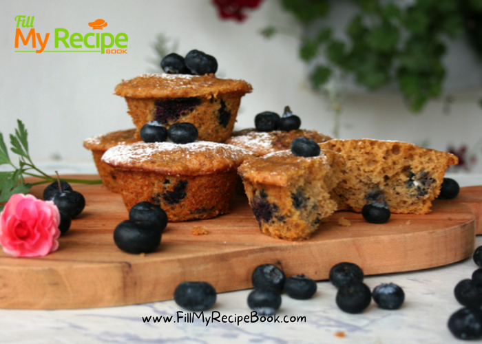 Tasty Banana Blueberry Muffins dusted with icing sugar for a Mothers day tea idea.