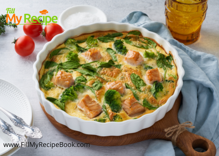 An easy gluten free Crustless Salmon and Spinach Quiche recipe. No crust or pastry and self crusting meal for breakfast, lunch or dinner.