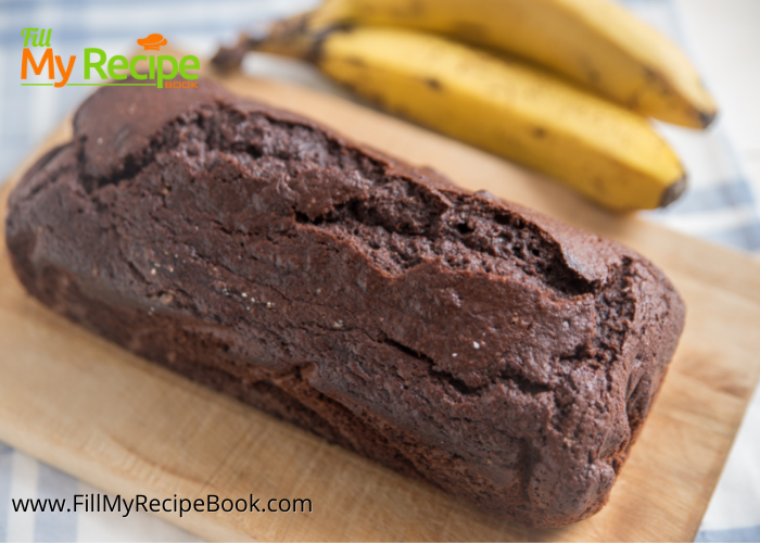 Healthy Moist Chocolate Banana Bread recipe with 100 % cocoa and chocolate chips. The best easy all in one bake, no eggs, no butter, dessert.