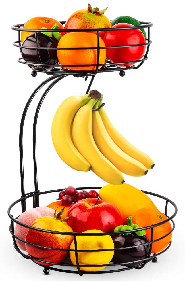 2-Tier Countertop Fruit Vegetables Basket Bowl Storage With Banana Hanger