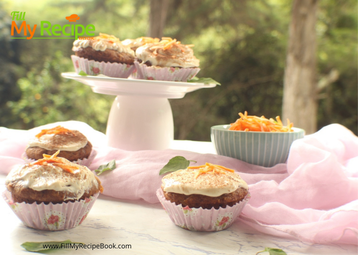 Carrot Cupcakes and Cream Cheese Frosting recipe. Easy healthy cupcake with pineapple for a moist cake, decorated as a tradition at Easter.