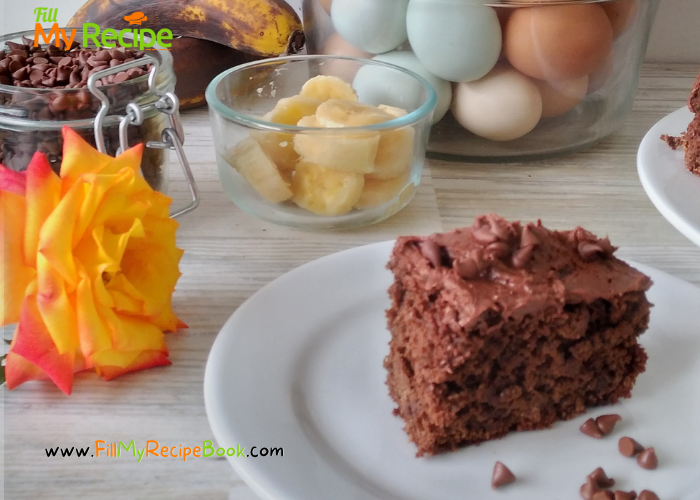 Chocolate Banana Cake with chocolate chips, recipe frosted with chocolate cream cheese icing. An easy and healthy moist chocolate cake.