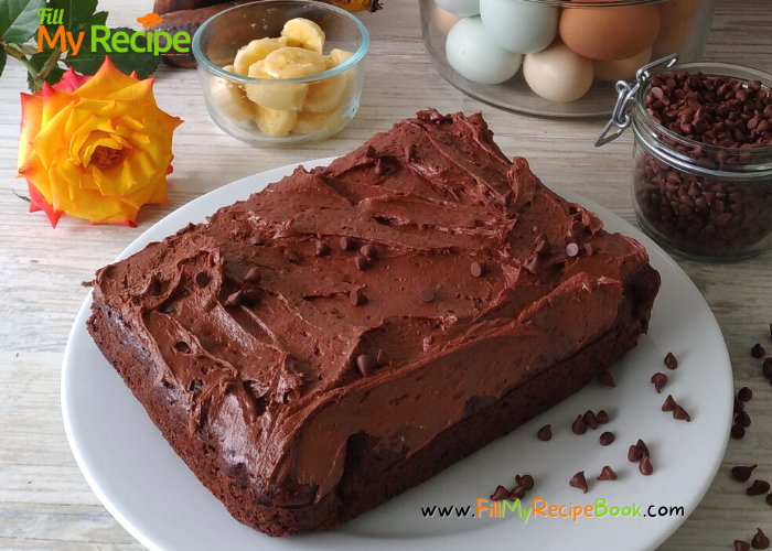 Chocolate Banana Cake with chocolate chips, recipe frosted with chocolate cream cheese icing. An easy and healthy moist chocolate cake.