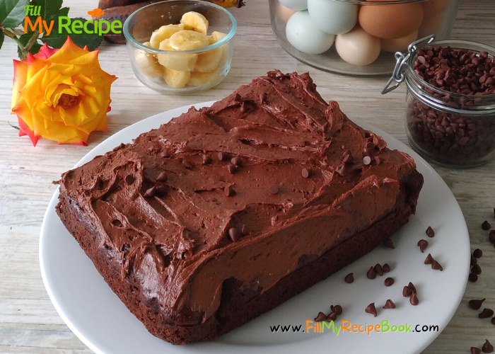 Chocolate Banana Cake Recipe with Chocolate Chips, frosted with chocolate cream cheese icing. An easy and healthy moist chocolate cake.