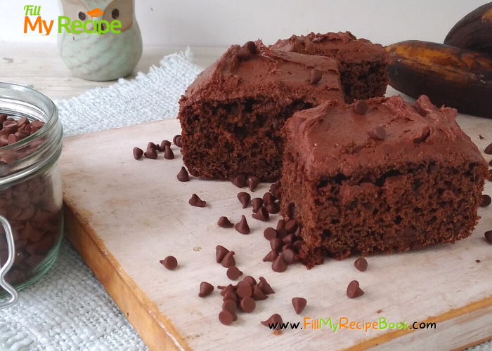 Chocolate Banana Cake with chocolate chips, recipe frosted with chocolate cream cheese icing. An easy and healthy moist chocolate cake.