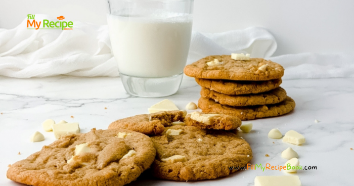 Almond Butter Cookies and White Chocolate recipe idea. Healthy cookies or biscuit to bake with white chocolate for a snack for family.