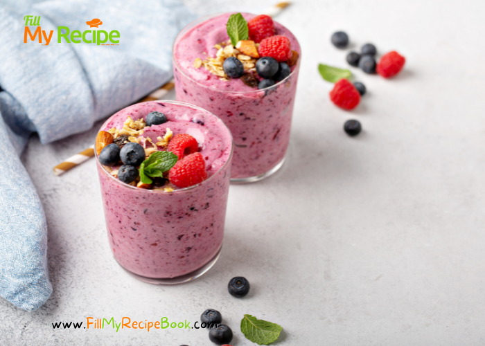 Berry Bliss Smoothie for a healthy good looking breakfast topped with berries and muesli and nuts.
