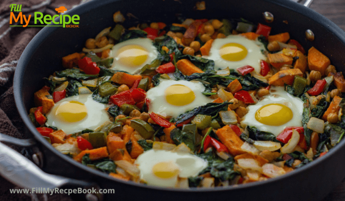 Healthy Breakfast Sweet Potato Hash. Love sweet potato’s add some vegetables with fried eggs, for a healthy vegetarian breakfast.