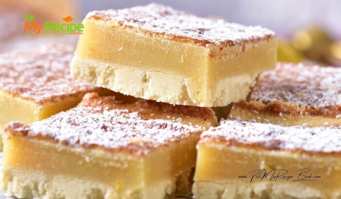 A Homemade Lemon Bars Recipe idea. Bake this buttery shortbread base with lemon zest and juice topping dusted with powdered sugar.