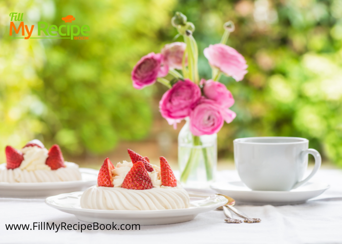 Mini Pavlova Strawberries and Cream recipe. A decadent dessert to bake and decorate with cream, strawberries for a tea or special occasion.