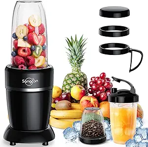 Sangcon 1000W Smoothie Blender for Kitchen, Blenders for Smoothies with (3) Cups (2) Spout Covers (1) Storage Cap (1) To-Go Cap, Portable Blender for Shakes, Ice Crushing, Frozen Drinks, Spices