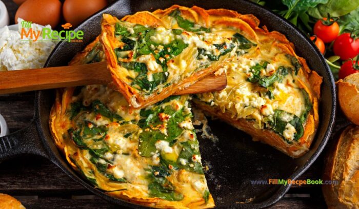 Sweet Potato Spinach Feta Quiche recipe idea. A healthy low carb crust of sweet potato with tasty spinach and feta goats cheese filling.