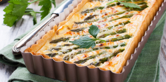 A Tangy Asparagus Tart Recipe and pastry to bake for a savory dish. Using asparagus spears spiced with tangy mustard and topped with cheese.