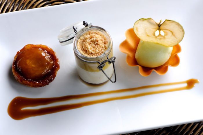 Assiette of apples with apple sorbet, panna cotta and butterscotch sauce