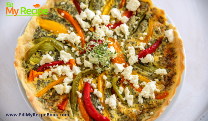 Quick Fajita Veggie Quiche recipe idea. Fajita vegetables of bell peppers and onion makes a versatile easy meatless quiche for vegetarians