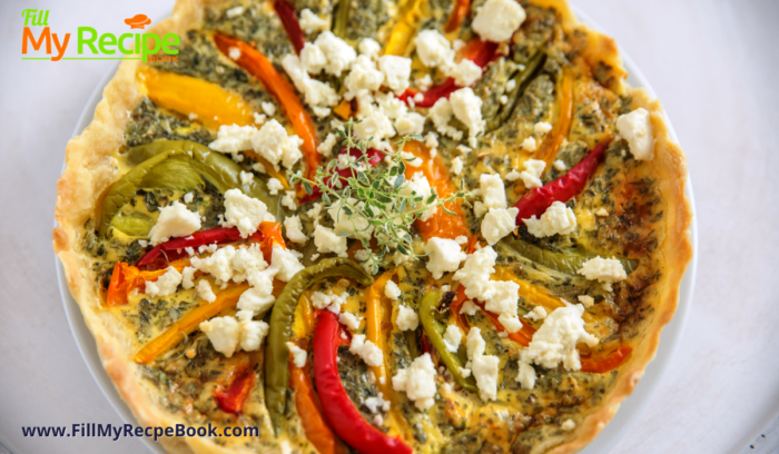 Quick Versatile Fajita Veggie Quiche filled with bell peppers and feta cheese. a great savory vegetarian dish for Mothers day tea