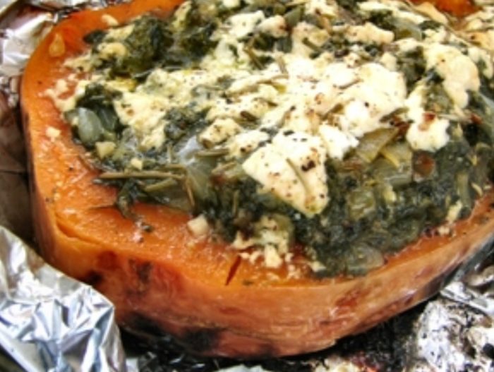 Roasted butternut stuffed with spinach & feta wrapped in foil and grilled on the braai or barbecue even oven roasted.