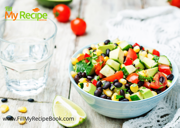 Corn and Black Bean Salad with avocado and lime dressing. An easy and very tasty cold side dish to have with meals or dinners for family.