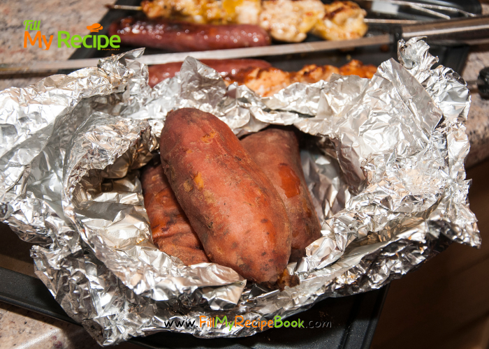 Foiled Sweet Potato on Coals or barbecue recipe. Easy warm side dish for a braai on coals that is wrapped in foil and cooked with your meats.