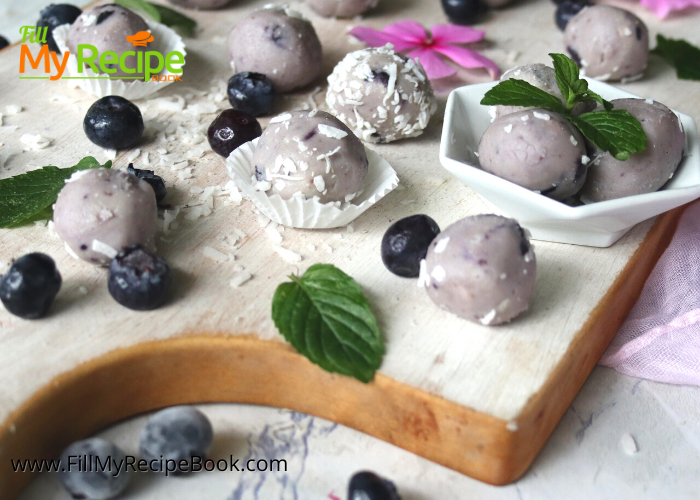 Blueberry White Chocolate Truffle Balls recipe. Easy candy to create, a no bake dessert or snack, filled with blueberries and freezes well.