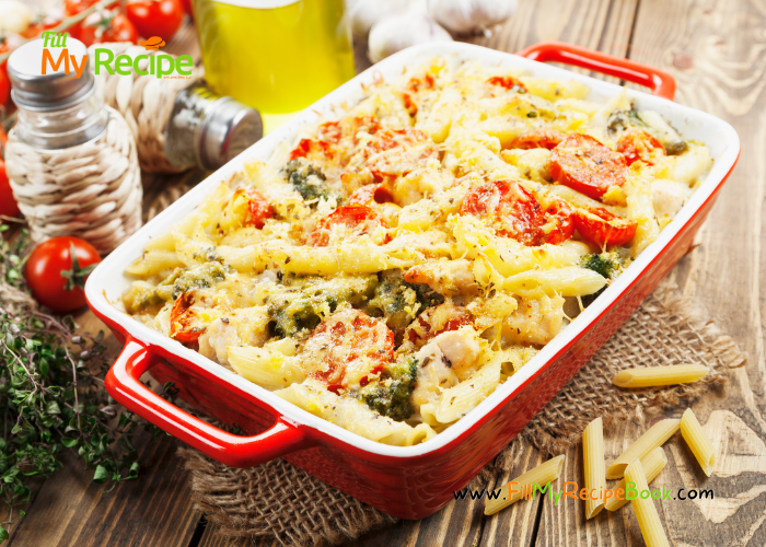 Creamy Chicken & Broccoli Pasta Casserole recipe dish with sauté mushroom and bacon. Baked with cheddar cheese and herbs and spices.