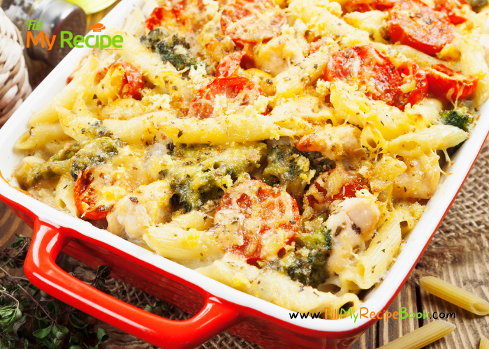 Creamy Chicken & Broccoli Pasta Casserole recipe dish with sauté mushroom and bacon. Baked with cheddar cheese and herbs and spices.