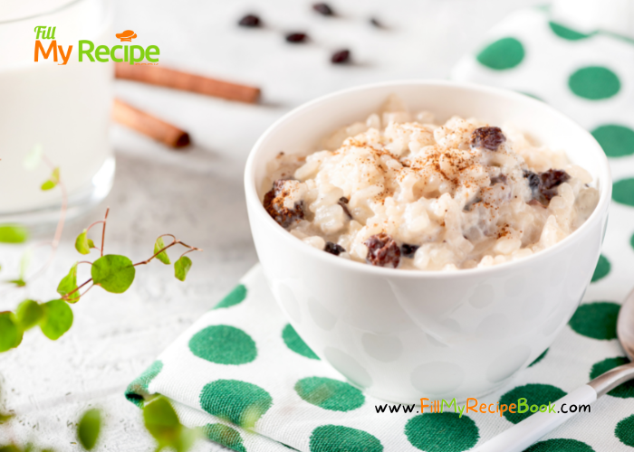 Creamy Raisin Cinnamon Rice Pudding recipe. Easy traditional old dessert for a simple stove top boil, cook idea and condensed milk.
